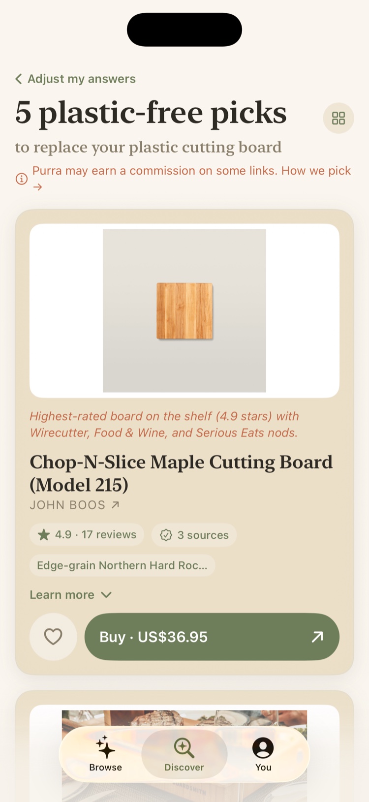 Purra app showing 5 plastic-free picks to replace a plastic cutting board — a 4.9-star maple board with a one-tap buy button